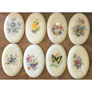 Vintage Resin Wall Plaque Set of 8 Oval Floral Bird Butterfly Faux Alabaster 60s